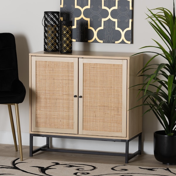 Baxton Studio Caterina MidCentury Transitional Natural Brown Finished Wood and Natural Rattan Storage Cabinet - 220-12859-ZORO