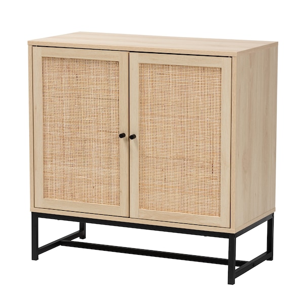 Baxton Studio Caterina MidCentury Transitional Natural Brown Finished Wood and Natural Rattan Storage Cabinet - 220-12859-ZORO