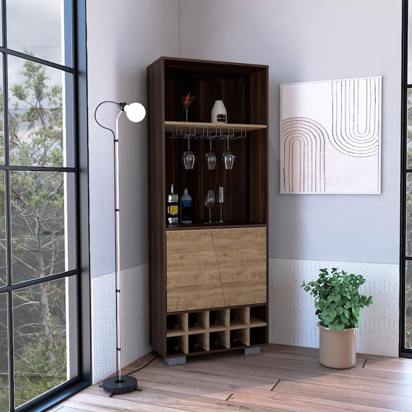 Depot E-Shop Nassau Corner Double Door Bar Cabinet, Dark Oak & Pine - DE-BHM7771