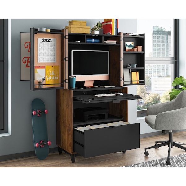Sauder Harvey Park Computer Cabinet Gw A2 , Hidden area behind swing-out doors reveals cubbyhole storage - 430053