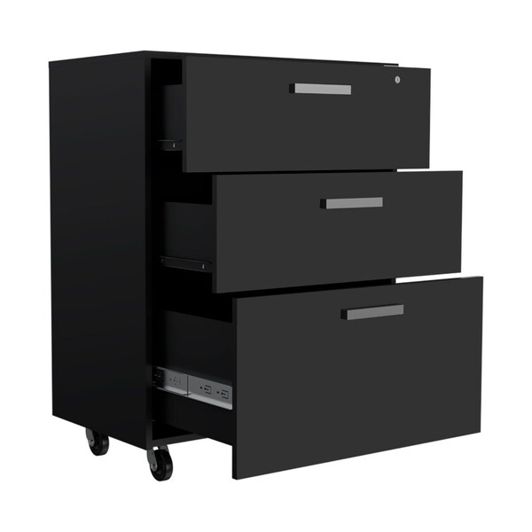 Tuhome Storage Cabinet, Superior Top, Drawer Base Cabinet, Three Drawers, Four Casters, Black - DBN6774