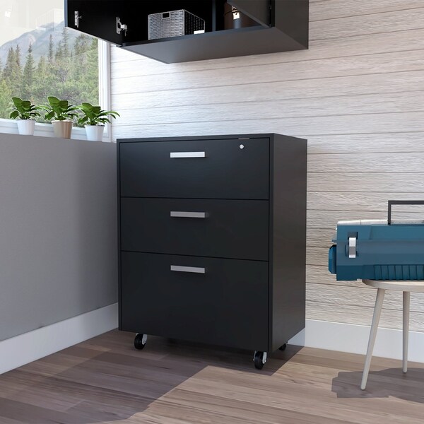 Tuhome Storage Cabinet, Superior Top, Drawer Base Cabinet, Three Drawers, Four Casters, Black - DBN6774