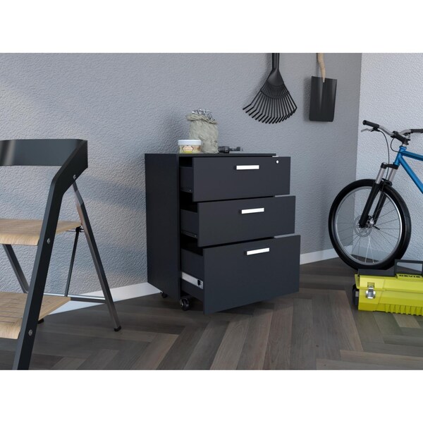 Tuhome Storage Cabinet, Superior Top, Drawer Base Cabinet, Three Drawers, Four Casters, Black - DBN6774