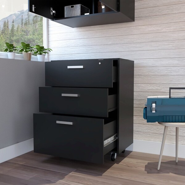 Tuhome Storage Cabinet, Superior Top, Drawer Base Cabinet, Three Drawers, Four Casters, Black - DBN6774