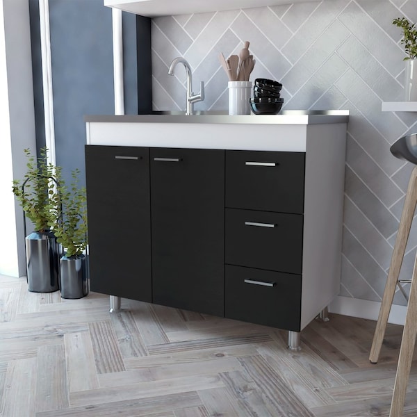 Tuhome Ferretti Base Cabinet, Three Drawers, Double Door, Four Legs, White/Black - MIW6764