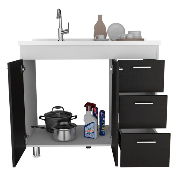 Tuhome Ferretti Base Cabinet, Three Drawers, Double Door, Four Legs, White/Black - MIW6764