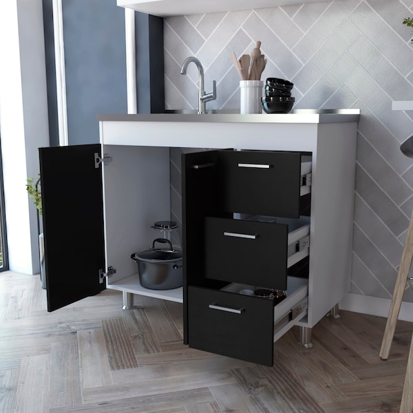 Tuhome Ferretti Base Cabinet, Three Drawers, Double Door, Four Legs, White/Black - MIW6764