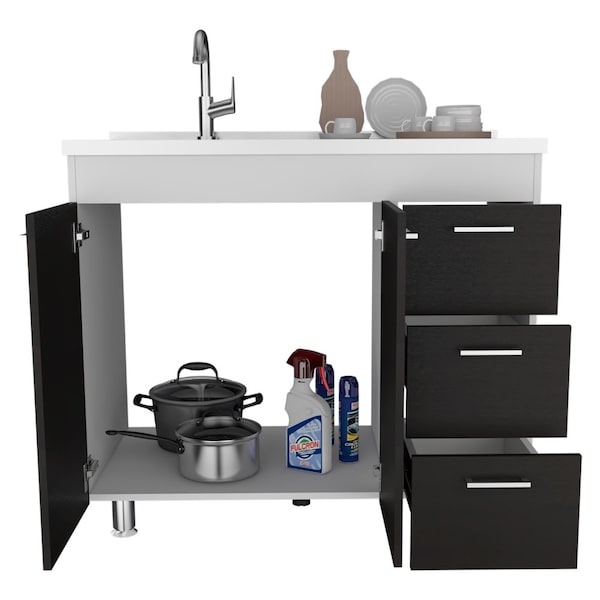 Tuhome Ferretti Base Cabinet, Three Drawers, Double Door, Four Legs, White/Black - MIW6764