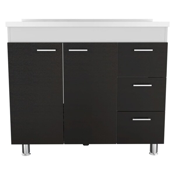 Tuhome Ferretti Base Cabinet, Three Drawers, Double Door, Four Legs, White/Black - MIW6764