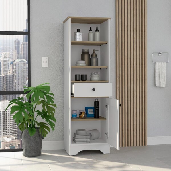 Tuhome St. Clair Linen Cabinet, Two Interior Shelves, Two Open Shelves, Single Door, Light Oak/White - MDB7124
