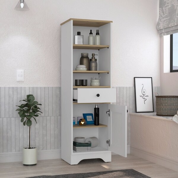 Tuhome St. Clair Linen Cabinet, Two Interior Shelves, Two Open Shelves, Single Door, Light Oak/White - MDB7124