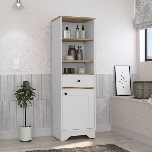 Tuhome St. Clair Linen Cabinet, Two Interior Shelves, Two Open Shelves, Single Door, Light Oak/White - MDB7124