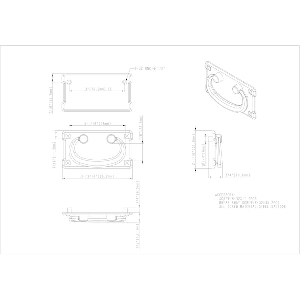 Elements By Hardware Resources 3" Center-to-Center Matte Black Rectangle Verona Cabinet Drop Pull - R1011MB