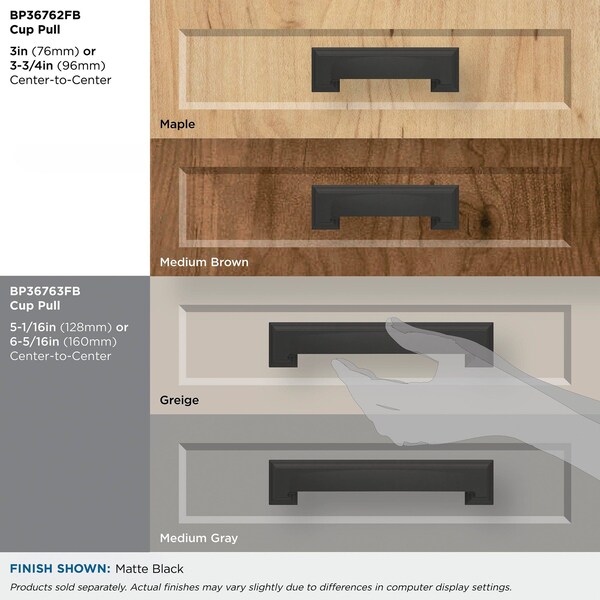 Amerock Appoint 5-1/16 in & 6-5/16 in 128 mm & 160 mm Center-to-Center Matte Black Cabinet Cup Pull - BP36763FB