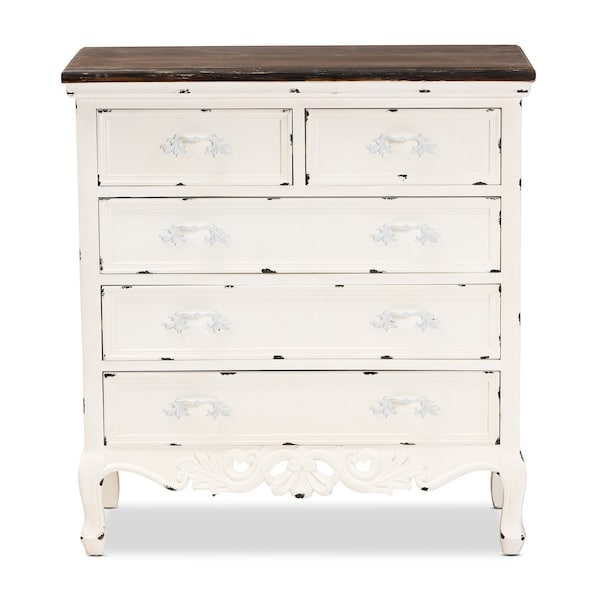 Baxton Studio Levron Traditional Two-Tone Walnut Brown and Antique White Finished Wood 5-Drawer Storage Cabinet - 195-11952-ZORO