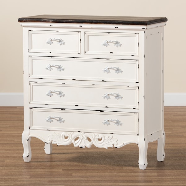 Baxton Studio Levron Traditional Two-Tone Walnut Brown and Antique White Finished Wood 5-Drawer Storage Cabinet - 195-11952-ZORO