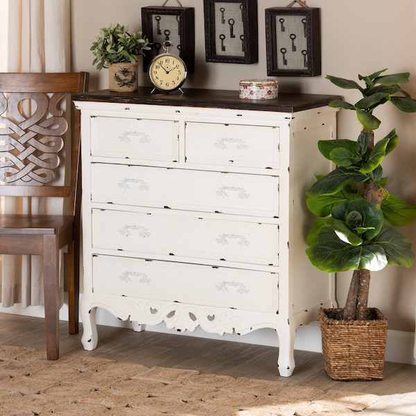 Baxton Studio Levron Traditional Two-Tone Walnut Brown and Antique White Finished Wood 5-Drawer Storage Cabinet - 195-11952-ZORO