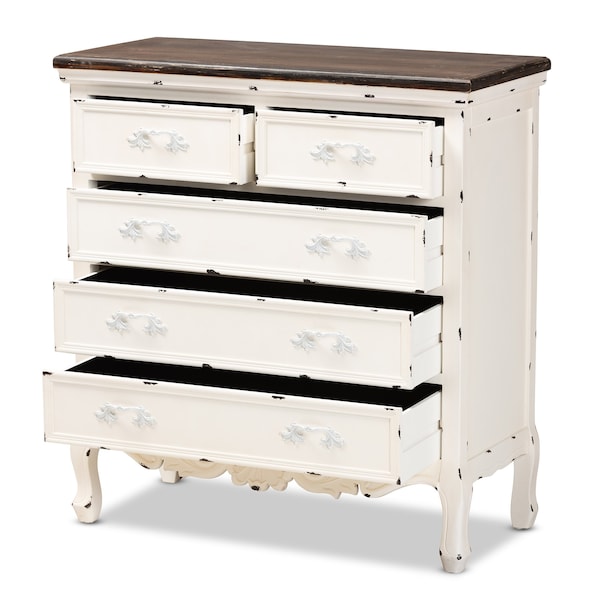 Baxton Studio Levron Traditional Two-Tone Walnut Brown and Antique White Finished Wood 5-Drawer Storage Cabinet - 195-11952-ZORO