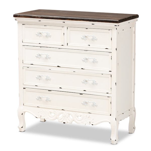 Baxton Studio Levron Traditional Two-Tone Walnut Brown and Antique White Finished Wood 5-Drawer Storage Cabinet - 195-11952-ZORO