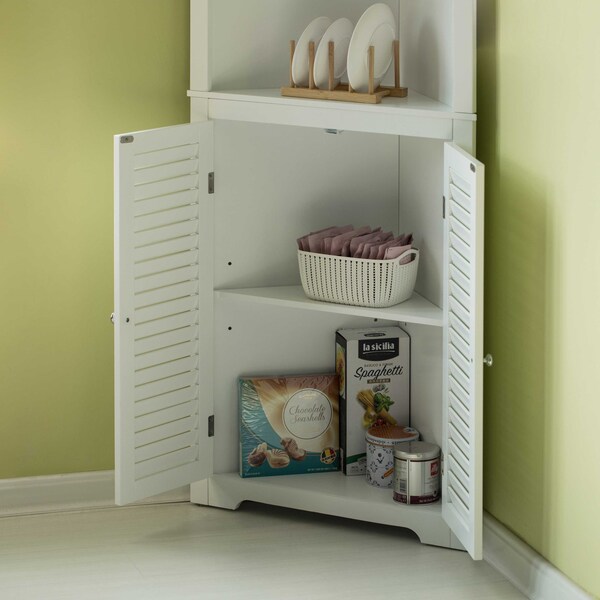 Basicwise White Standing Storage Corner Cabinet Organizer with 3 Open Shelf and Double Shutter Doors - QI004023.WT