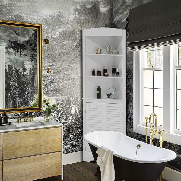 Basicwise White Standing Storage Corner Cabinet Organizer with 3 Open Shelf and Double Shutter Doors - QI004023.WT