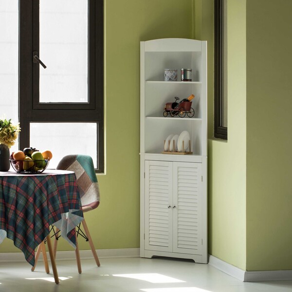 Basicwise White Standing Storage Corner Cabinet Organizer with 3 Open Shelf and Double Shutter Doors - QI004023.WT