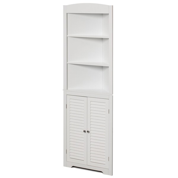 Basicwise White Standing Storage Corner Cabinet Organizer with 3 Open Shelf and Double Shutter Doors - QI004023.WT