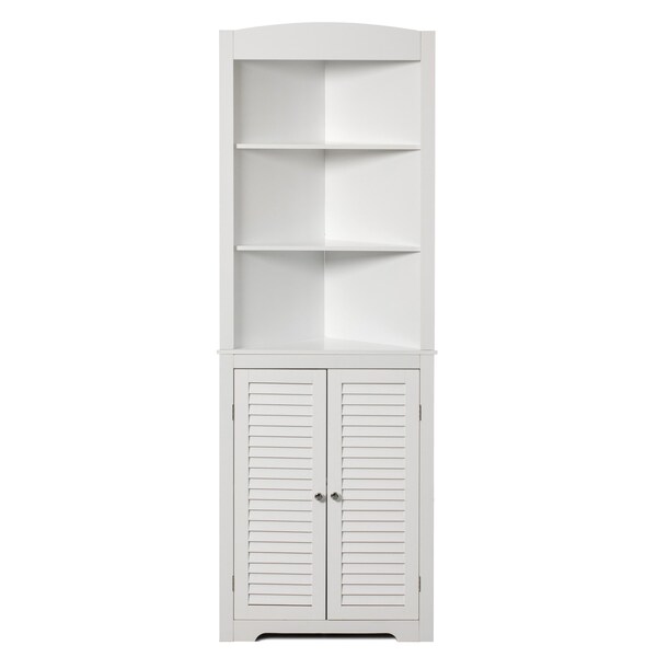 Basicwise White Standing Storage Corner Cabinet Organizer with 3 Open Shelf and Double Shutter Doors - QI004023.WT
