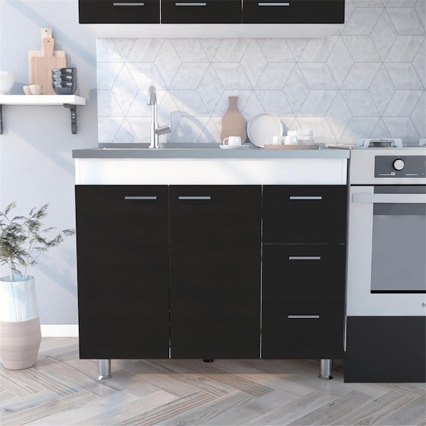 Depot E-Shop Rushville Base Double Door Cabinet & Three Drawers White & Black - DE-MIW6764