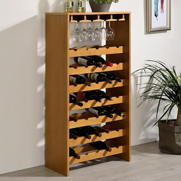 Acme Wood 35-Bottle Wine Cabinet with Stemware Rack in Oak - ER-0257OAK