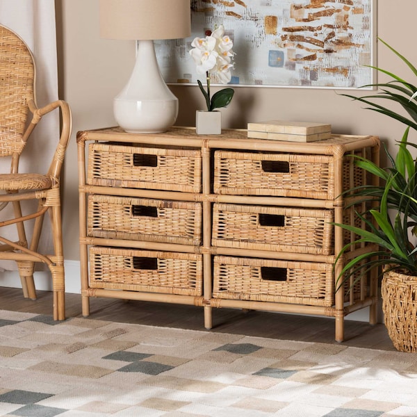 Baxton Studio Dariana Modern Bohemian Natural Brown Rattan 6-Drawer Storage Cabinet - 207-12688