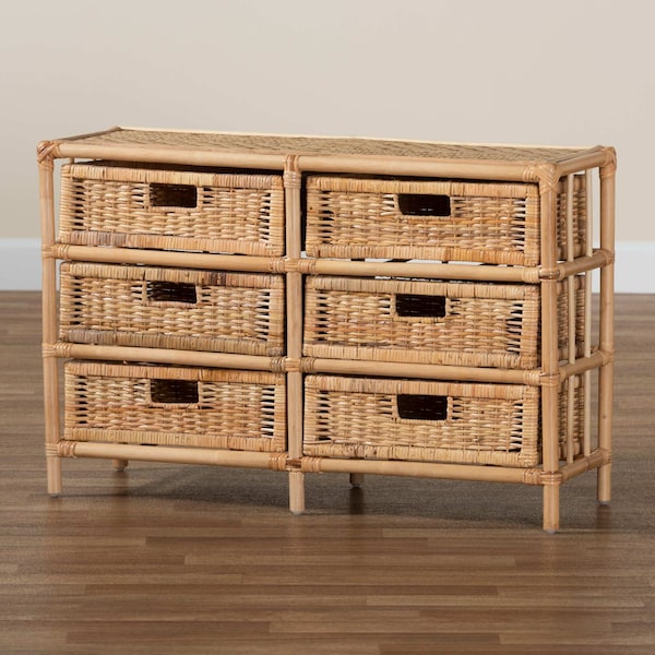 Baxton Studio Dariana Modern Bohemian Natural Brown Rattan 6-Drawer Storage Cabinet - 207-12688