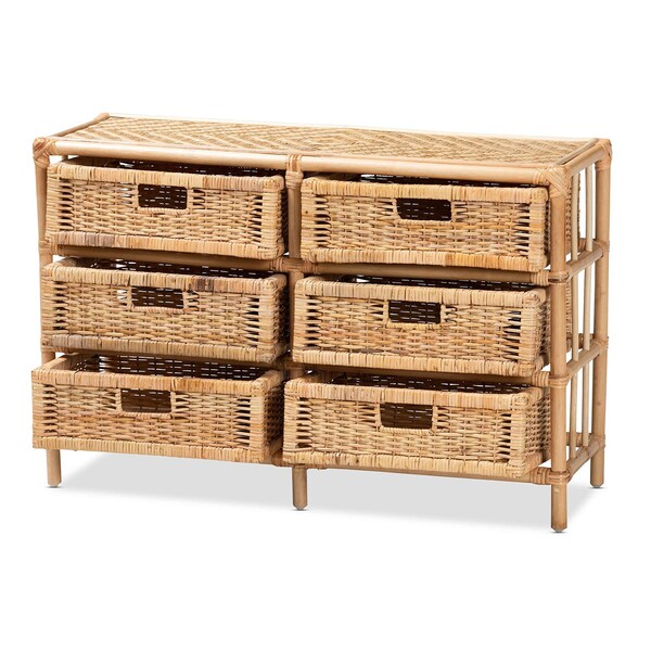 Baxton Studio Dariana Modern Bohemian Natural Brown Rattan 6-Drawer Storage Cabinet - 207-12688