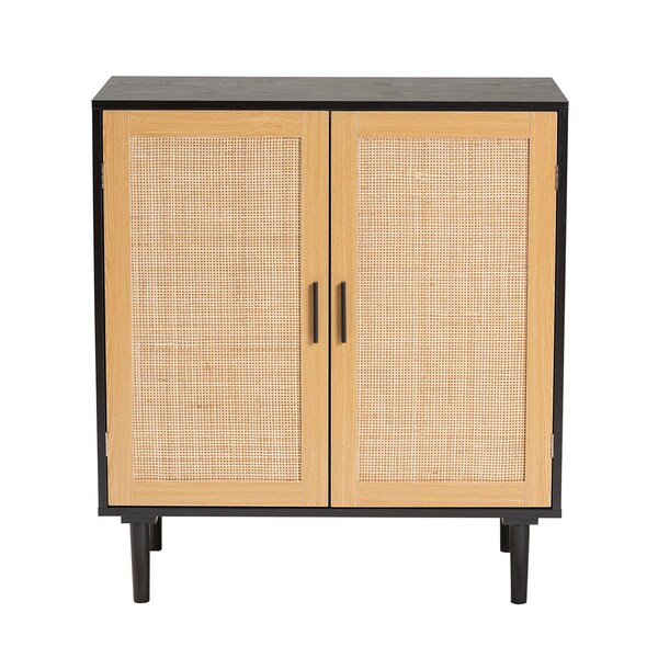 Baxton Studio Maureen MidCentury Modern Espresso Brown Wood and Rattan 2Door Storage Cabinet - 217-12374-ZORO