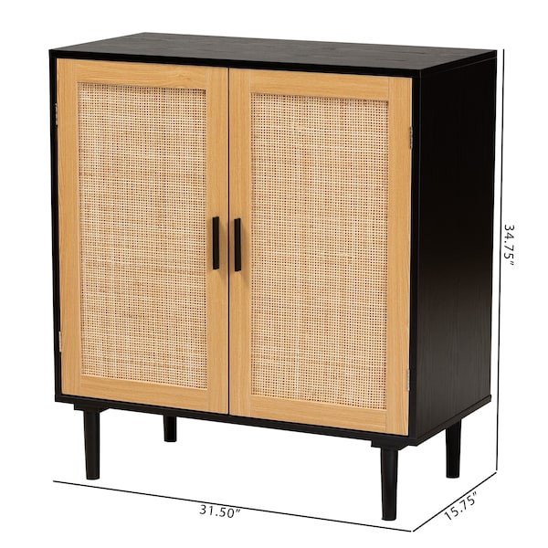 Baxton Studio Maureen MidCentury Modern Espresso Brown Wood and Rattan 2Door Storage Cabinet - 217-12374-ZORO