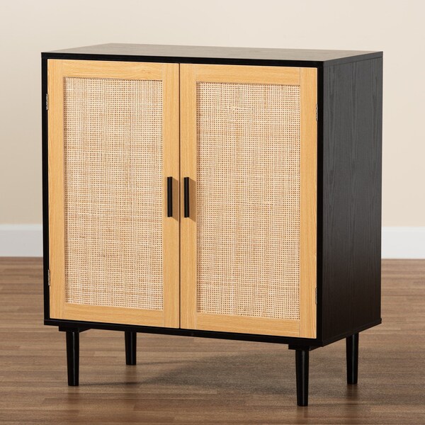 Baxton Studio Maureen MidCentury Modern Espresso Brown Wood and Rattan 2Door Storage Cabinet - 217-12374-ZORO