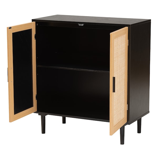 Baxton Studio Maureen MidCentury Modern Espresso Brown Wood and Rattan 2Door Storage Cabinet - 217-12374-ZORO