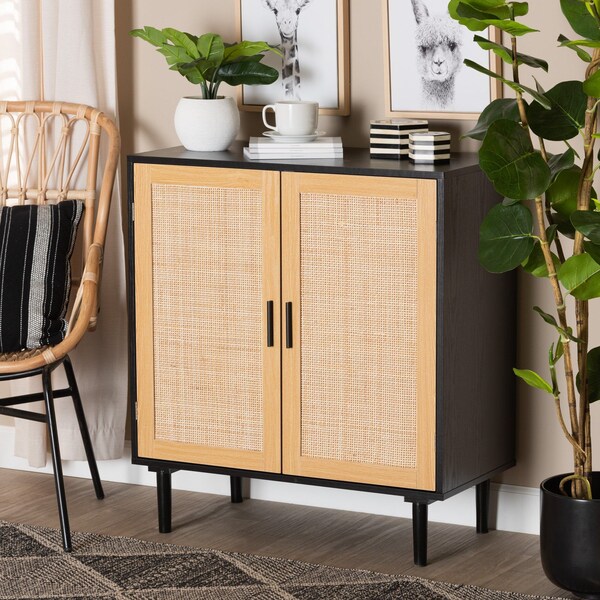 Baxton Studio Maureen MidCentury Modern Espresso Brown Wood and Rattan 2Door Storage Cabinet - 217-12374-ZORO