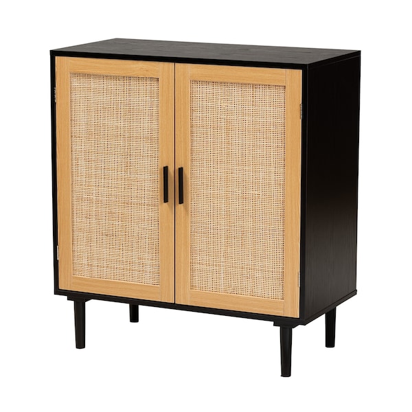 Baxton Studio Maureen MidCentury Modern Espresso Brown Wood and Rattan 2Door Storage Cabinet - 217-12374-ZORO