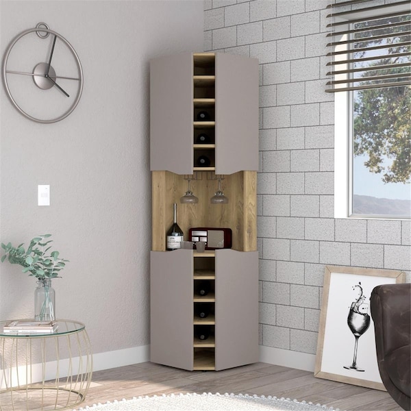 Depot E-Shop Mecca Corner Bar Cabinet, Macadamia & Taupe - DE-BMT7767