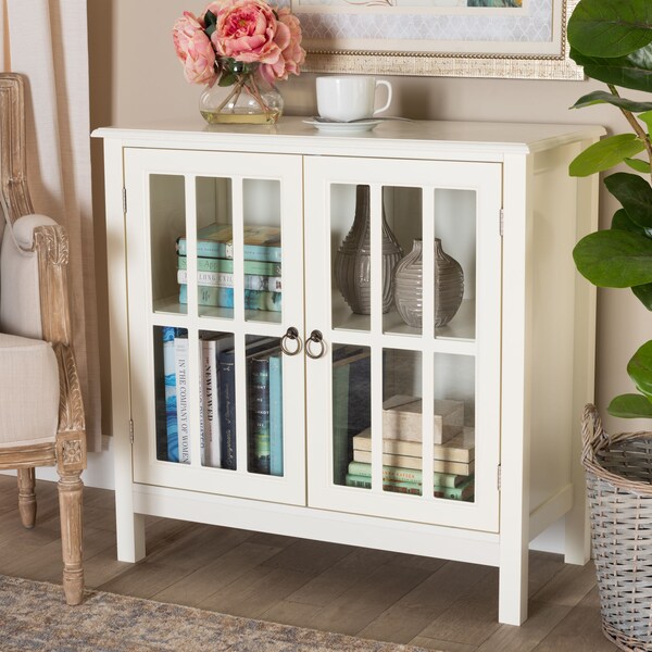 Baxton Studio Kendall White Finished Wood and Glass Kitchen Storage Cabinet - 163-9030