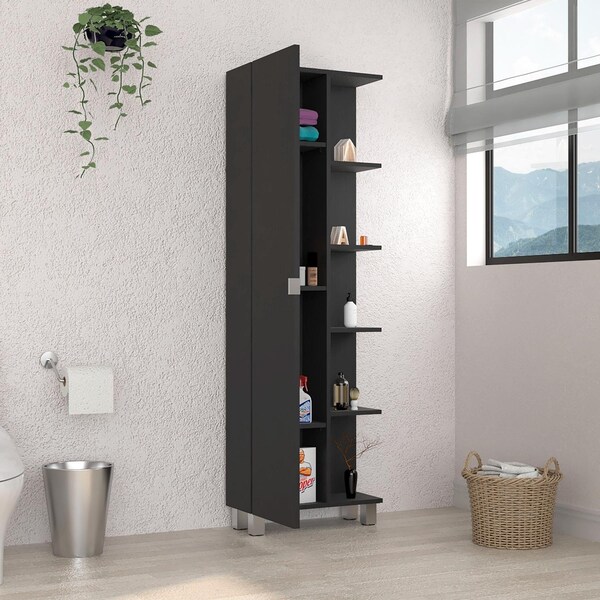 Tuhome Urano Mirror Linen Cabinet, Four Interior Shelves, Five External Shelves, Black - MLW5536