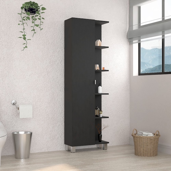 Tuhome Urano Mirror Linen Cabinet, Four Interior Shelves, Five External Shelves, Black - MLW5536
