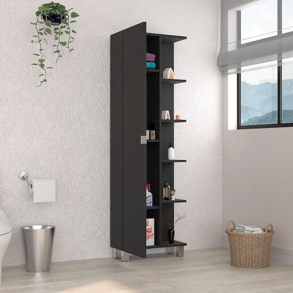 Tuhome Urano Mirror Linen Cabinet, Four Interior Shelves, Five External Shelves, Black - MLW5536