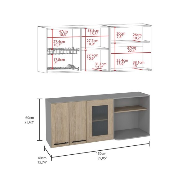 Tuhome Hasselt Wall Cabinet, Double Door, Glass Cabinet, Rack, Light Pine - MGR7957
