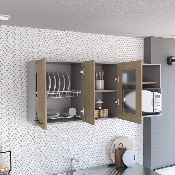 Tuhome Hasselt Wall Cabinet, Double Door, Glass Cabinet, Rack, Light Pine - MGR7957