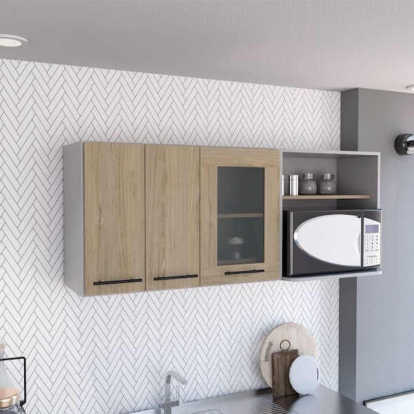 Tuhome Hasselt Wall Cabinet, Double Door, Glass Cabinet, Rack, Light Pine - MGR7957
