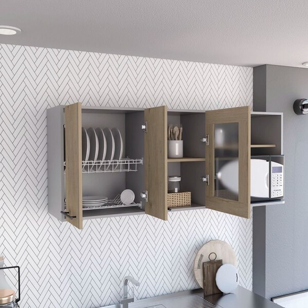 Tuhome Hasselt Wall Cabinet, Double Door, Glass Cabinet, Rack, Light Pine - MGR7957