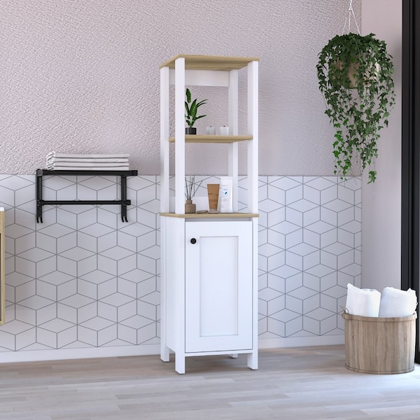 Tuhome St. Clair Linen Cabinet, Two Interior Shelves, Two Open Shelves, Single Door, Light Oak/White - MDB7122