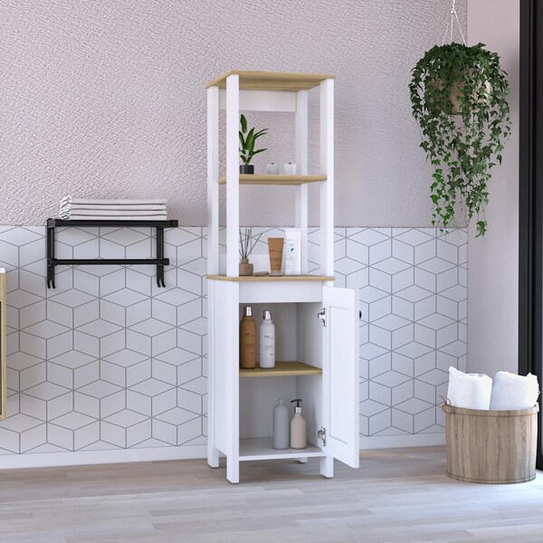 Tuhome St. Clair Linen Cabinet, Two Interior Shelves, Two Open Shelves, Single Door, Light Oak/White - MDB7122
